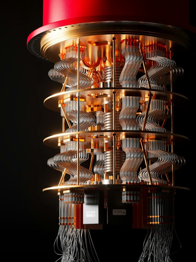 Quantencomputer mit goldenen Platten und Verkabelung