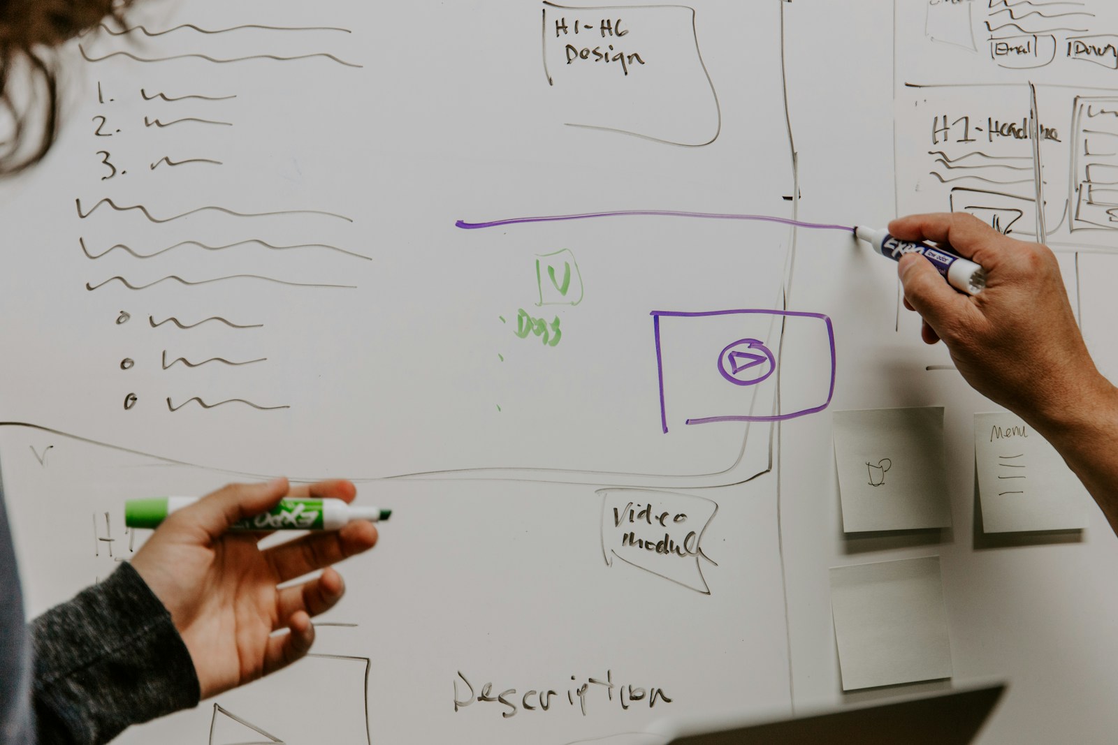 Entscheidungsfindung im Team: Zwei Kollegen skizzieren gemeinsam Ideen an einem Whiteboard