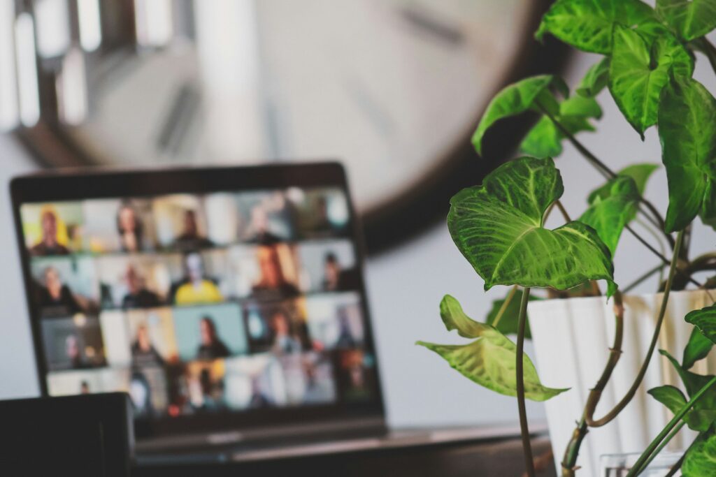 Hybride Teams im Alltag: Laptop mit laufender Videokonferenz neben einer Zimmerpflanze im Homeoffice