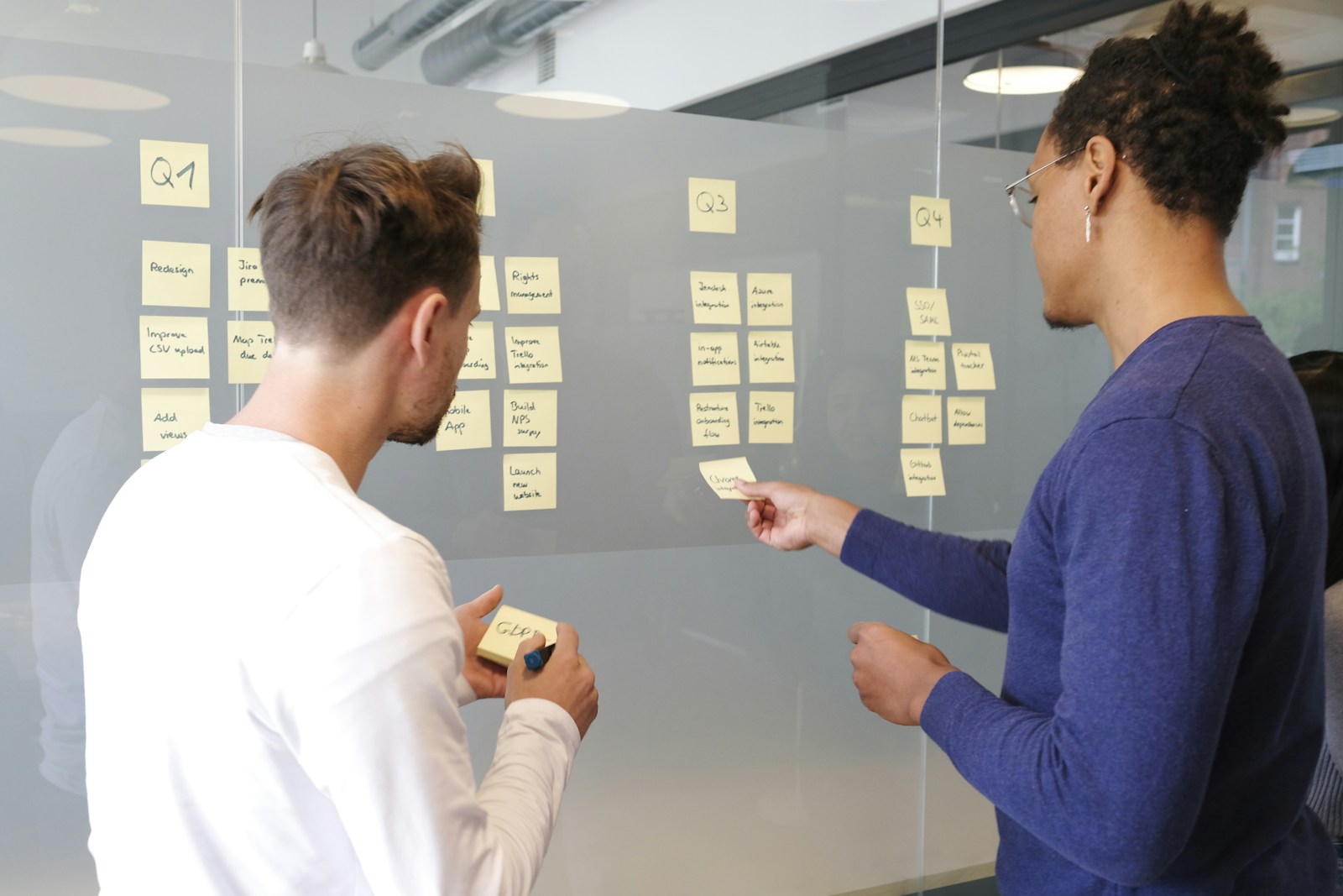 OKR im Mittelstand: Zwei Personen planen Ziele mit gelben Haftnotizen an einer Glaswand